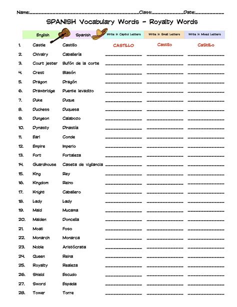 Spanish Royalty Vocabulary Word List Column Worksheet Made By Teachers