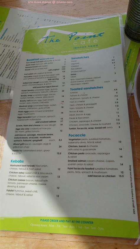 Menu at The Point Cafe, Lennox Head, Unit 6/71 Ballina St