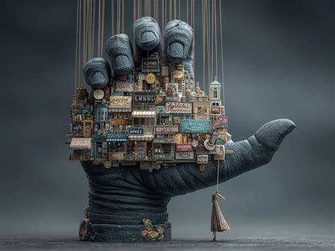 surreal scene featuring  large hand holding  miniature cityscape
