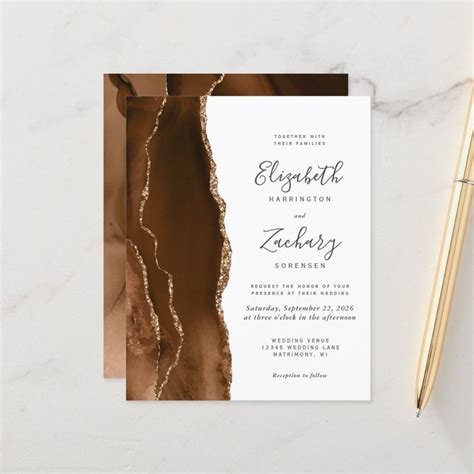 Budget Mocha Brown Gold Agate Wedding Invitation Agate Wedding