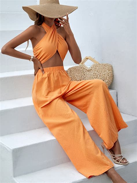 Shein Vcay Criss Cross Tie Backless Halter Top And Wide Leg Trousers