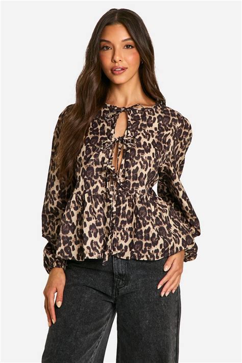 Leopard Tie Front Puff Long Sleeve Smock Top Boohoo Uk