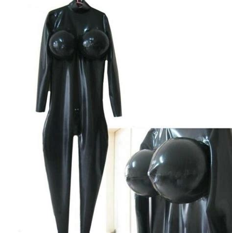 Men Latex Gummi Catsuit With Inflatable Breast Cosplay Cross