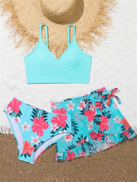 ENFLASH Girl S 3 Piece Swimsuits Floral Printed Bikini Bathing Suit With Cover Up Beach Skirt 11
