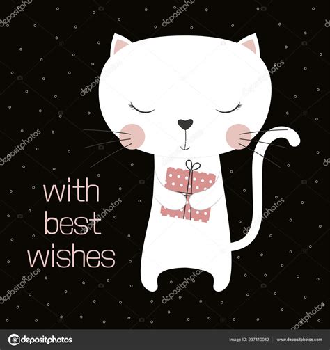 Greeting Card Cute Cartoon Cat Present Lettering Best Wishes Happy