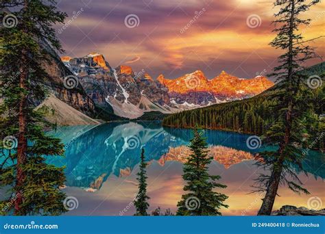 Golden Sunrise at Moraine Lake in Alberta, Canada Stock Photo - Image