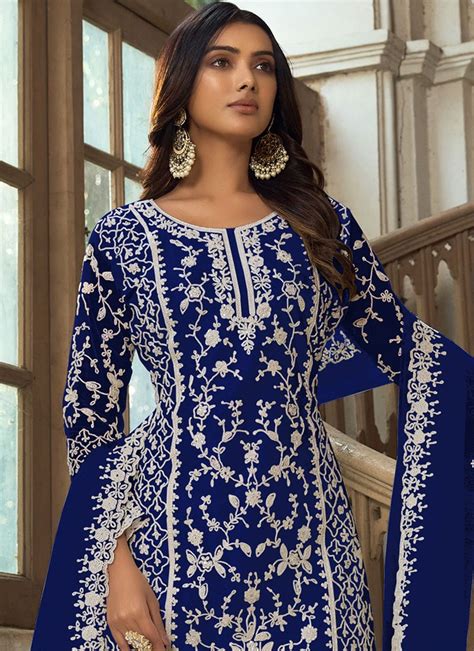 Shop Blue Net Embroidered Palazzo Suit Party Wear Online At Best Price