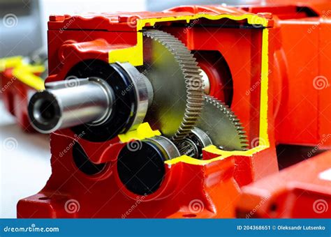 Close Up Of Cross Section Helical Gearbox With Motor Stock Image