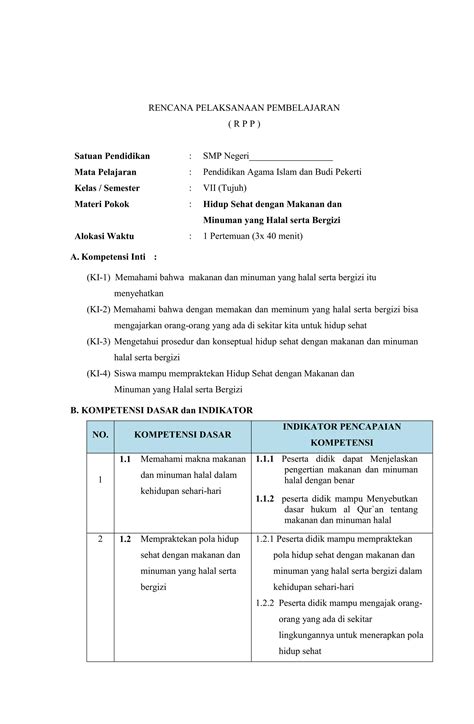 Rpp Materi Hidup Sehat Dengan Makanan Dan Minuman Yang Halal Serta