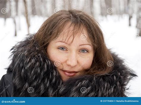 Brunette Woman In Snow Winter Park Stock Photo Image Of Head Forest