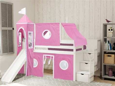 Jackpot Princess Low Loft Stairway Bed With Slide Pink And White Tent