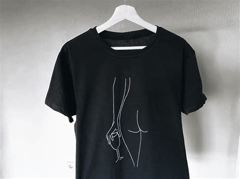 Hand Embroidered T Shirt Naked Woman With Wine Perfect Trendy Gift Wine Lover Gift Minimal