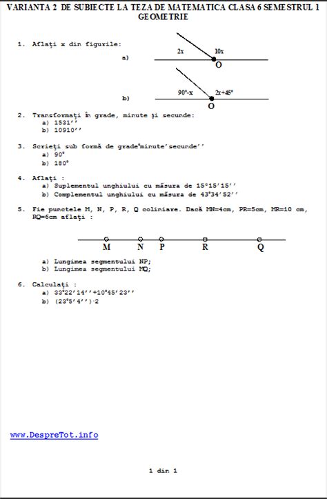 Teza Matematica Clasa 6 Sem 1 Varianta 2 Geometrie