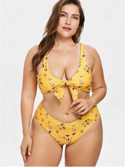 [21 Off] 2021 Flower Knotted Plus Size Bikini Set In Bright Yellow Zaful