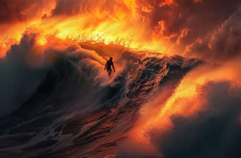 Premium Photo An Incredible View Of A Surfer Riding A Big Wave At Sunset