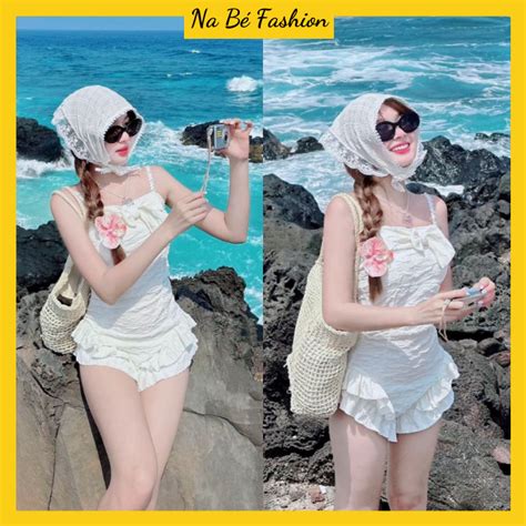 Bikini Liền Thân Nơ Ngực Phối Bèo Quần Váy Liền Thân 2 Dây Đi Biển Ôm Body Phong Cách Sexy