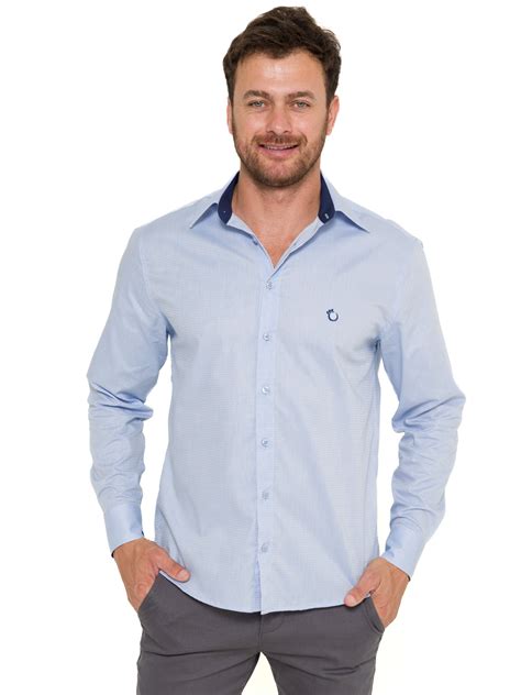 Compre Camisa Social Masculina Olimpo Maquinetada Manga Longa Azul Na