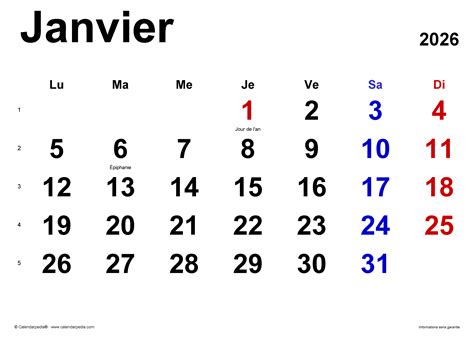 Calendrier Janvier 2026 Excel Word Et PDF Calendarpedia