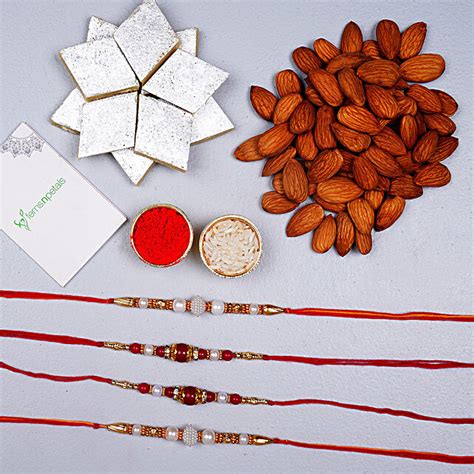 Pearl Rakhis With Kaju Katli And Almonds Uae Gift Pearl Rakhis With