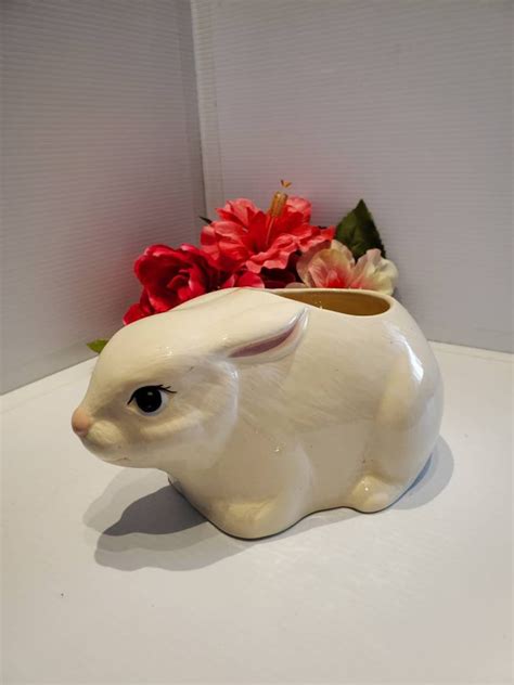 Vintage Ceramic White Bunny Planter Bunny Plant Pot Indoor Outdoor Rabbit Planter Handmade