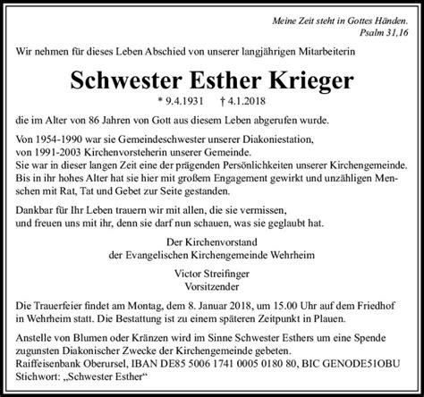 Traueranzeigen Von Esther Krieger Vrm Trauer De