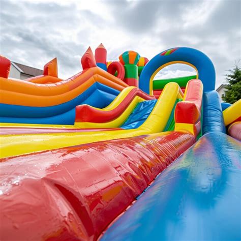 Premium Photo | Colorful inflatable castles and slides in the park with ...