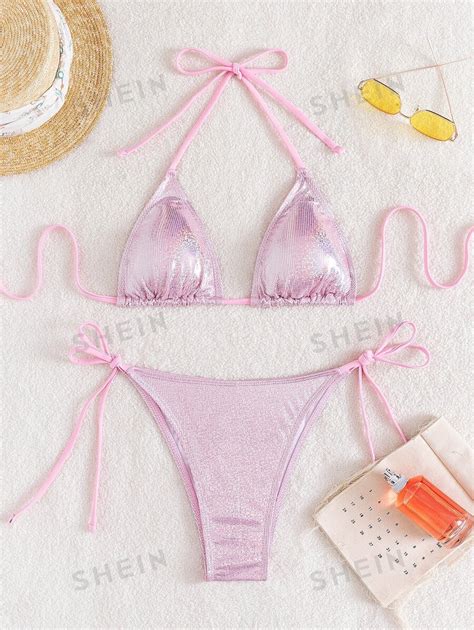 SHEIN SHEIN Swim Y2GLAM Glitter Bikini Set Triangle Bra Thong Bottom