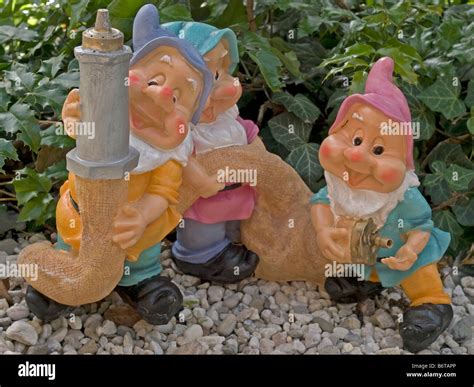 Funny Figures Of Garden Gnomes With A Waterskin Garden Hose In Garden