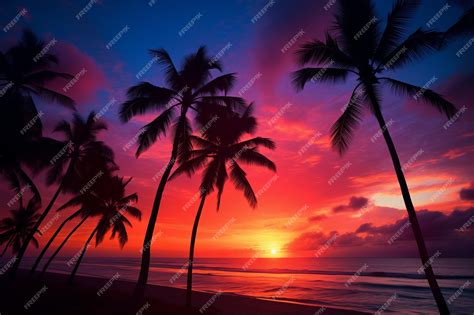 Premium Photo Tropical Beach Sunset Palm Trees Silhouetted Against Evening Sky Ideal For