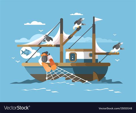 Fisherman pulls fishing net Royalty Free Vector Image