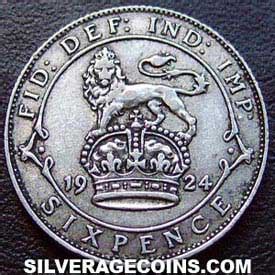 1924 George V British Silver Sixpence 500 Silver Age Coins