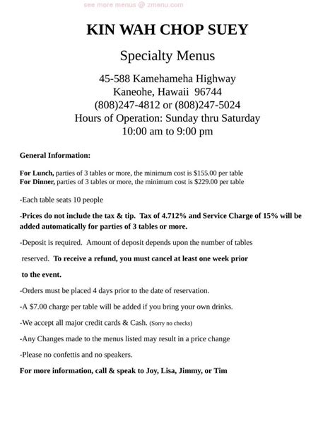 Online Menu of Kin Wah Chop Suey Restaurant, Kaneohe, Hawaii, 96744 - Zmenu