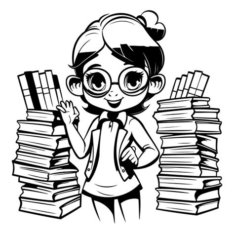 Premium Vector | Schoolgirl with books black and white vector ...