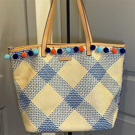 Vera Bradley Bags Vera Bradley Woven Tan Blue Pompom Straw Beach Tote Poshmark