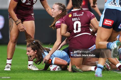 Jessica Sergis Of The Blues Celebrates Scoring A Try During Game One News Photo Getty Images