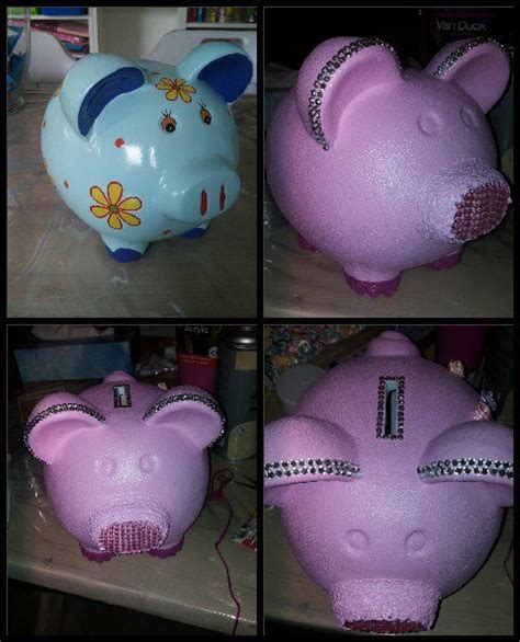 Four Pictures Of A Piggy Bank With Diamonds On It