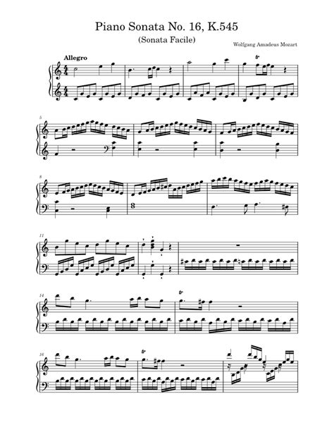 Piano Sonata No 16 In C Major K 545 Wolfgang Amadeus Mozart Sheet