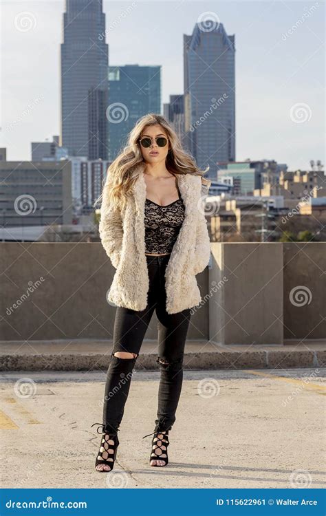 Gorgeous Blonde Hispanic Model Posing Outdoors Stock Image Image Of Clothing Blonde