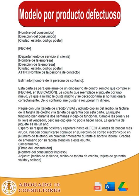 Carta de reclamación por producto defectuoso Plantilla