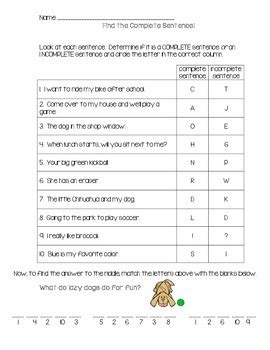 Complete Vs Incomplete Sentence Page With Riddle By Rsquared Tpt