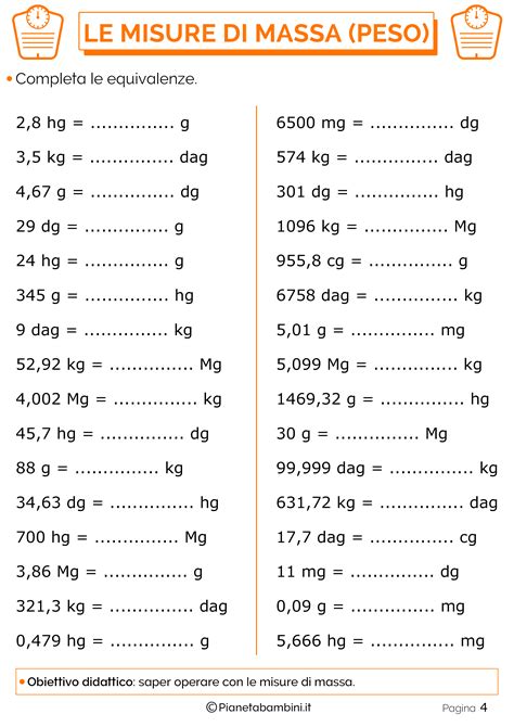 Tabella Ed Esercizi Sulle Misure Di Massa Peso Pianetabambini It