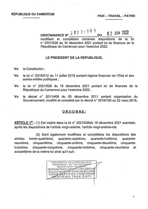 Ordonnance N°2022001 Du 02 Juin 2022 Modifiant Et Complétant Certaines