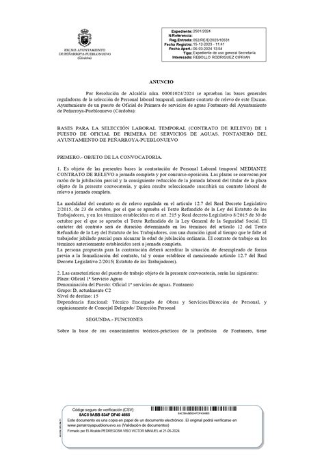 Convocatoria para la Selección de un Oficial de Primera de Servicios de