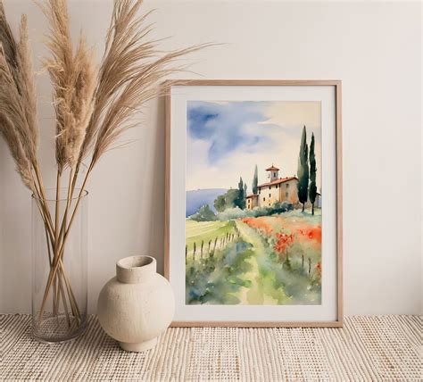 Tuscany Countryside Watercolor Art Print Poppy Fields Watercolor ...