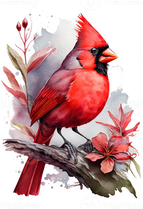 Watercolor Red Cardinal With Flower On A Branch Watercolor Painting