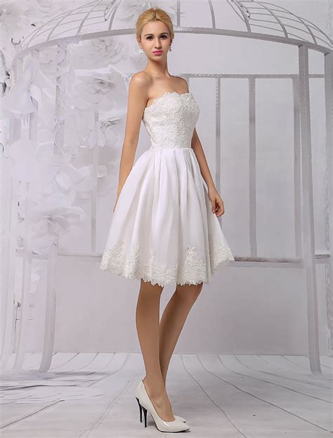 Knee Length Satin And Lace Wedding Dress With Lace Long Sleeve Wrap