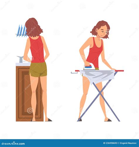 Woman Housewife Doing Domestic Chores Washing The Dishes And Clothes