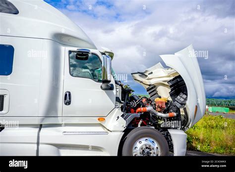 Broken Big Rig Industrial Professional White Semi Truck With Open Hood