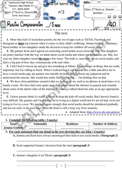 End Term Test Nd Form Esl Worksheet By English Teacher