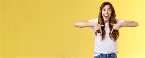Premium Photo Excited Happy Cheerful Impressed Cute Brunette Girl Long Haircut Smiling Broadly
